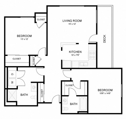 Floor plan for 2 beds, 2 baths, 1060 sqft